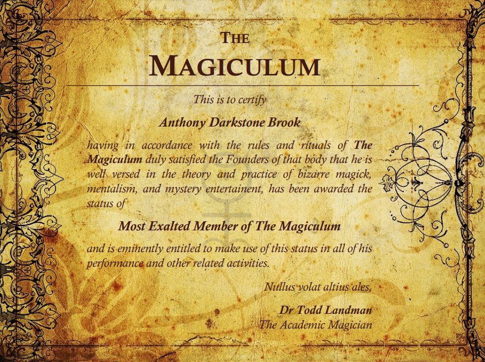 Magicculum Certificate Anthony Darkstone